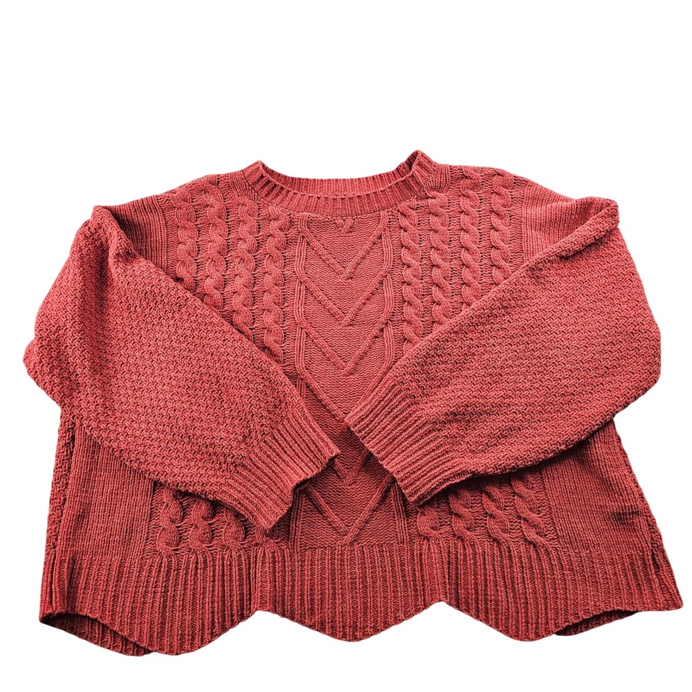 Margaux & Ellie Cable Knit Sweater Women's XL Coral Crop Long Sleeve Crew Neck